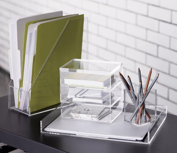 boîtes acryliques notes stylos stylos à bille organisation du bureau à domicile
