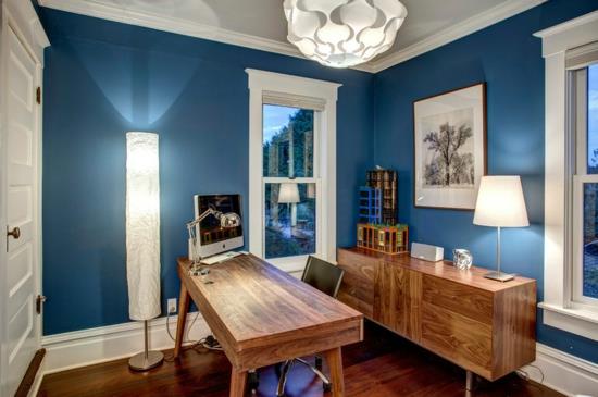 maison ancienne rénover étude de projet bureau à domicile peinture murale bleu