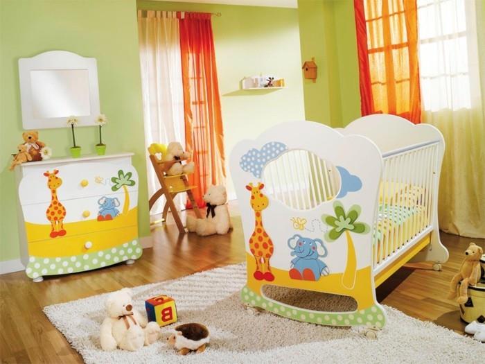 pokój dziecięcy kolory zielone ściany biały dywan szczęśliwe wzory