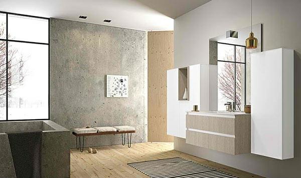 łazienka betonowa podłoga drewniana podłoga meble łazienkowe ścienne szafki z lustrem