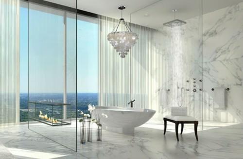 conceptions de salle de bain avec cheminées encastrées idée baignoire murs en verre
