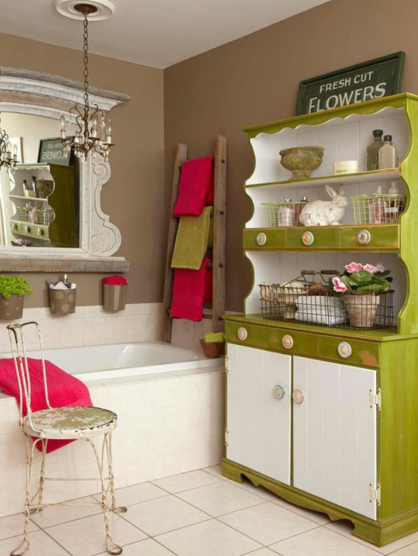 pomysły na projekt łazienki kolorowe zielone szafy różowe akcenty