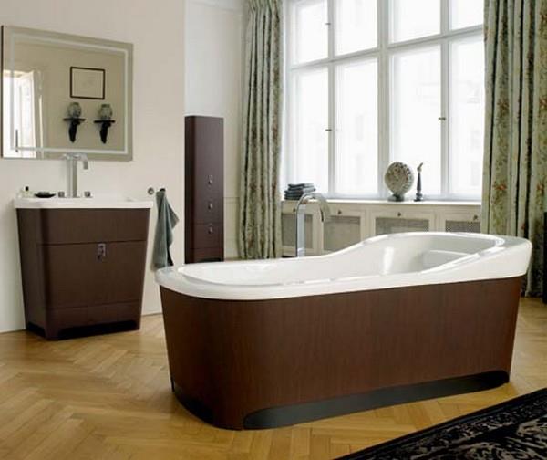 pomysły na aranżację łazienki wanna drewniana powierzchnia umywalkowa szafka