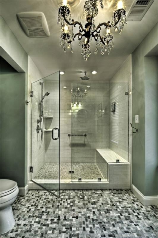 pomysły na projekt łazienki żyrandol podłogowy kabina prysznicowa