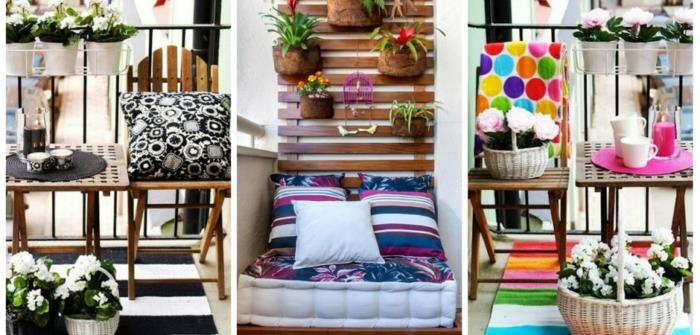 dekoracja balkonu kolorowe tekstylia dywany koce