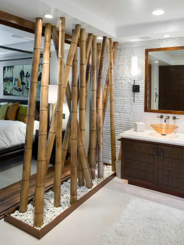 Meubles de salle de bain en bambou cloison de séparation de style asiatique chambre cailloux de salle de bain