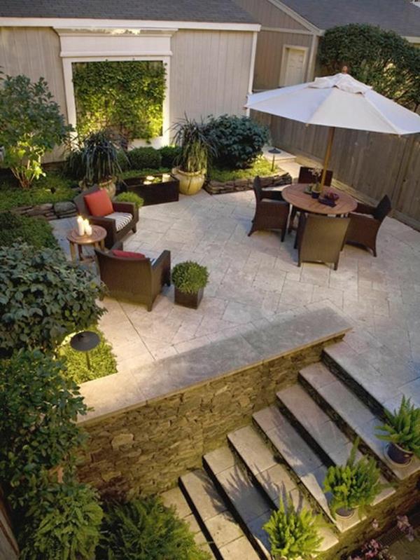 przykłady nowoczesnego projektu ogrodu na patio parasol