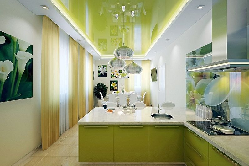 Zelený a bílý design kuchyně - stropní úprava