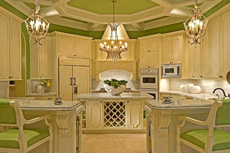 Bílá a zelená kuchyně v klasickém stylu - interiérový design