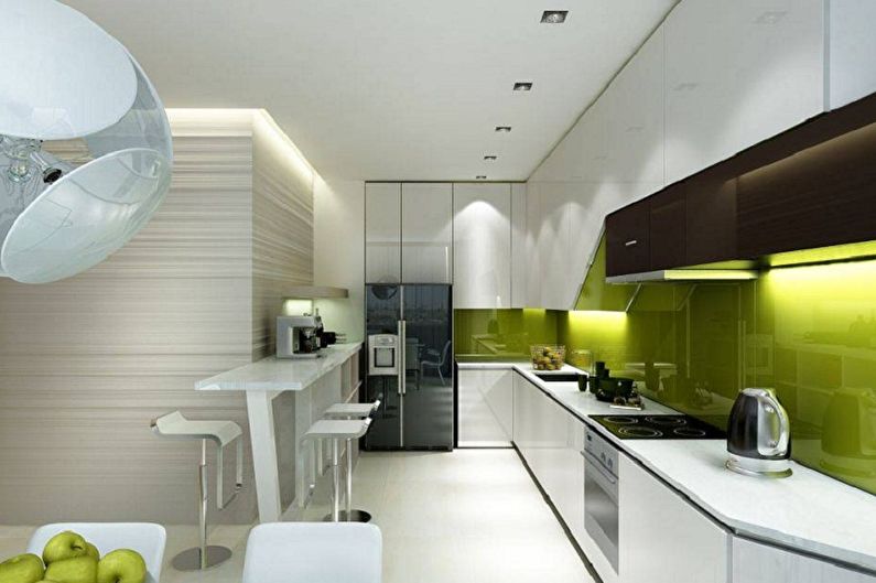 Bílá a zelená minimalistická kuchyně - design interiéru
