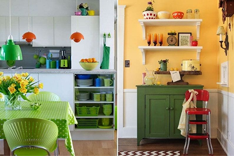 Zelená a bílá kuchyně - kombinace s oranžovou