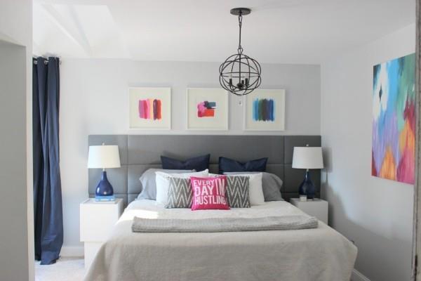 zagłówek łóżka szare eleganckie kolorowe pomysły na dekoracje ścienne
