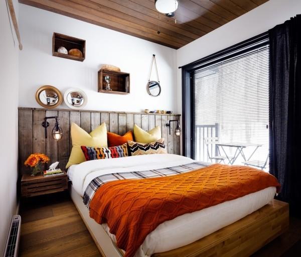 zagłówek łóżka w stylu rustykalnym sypialnia pomarańczowe akcenty