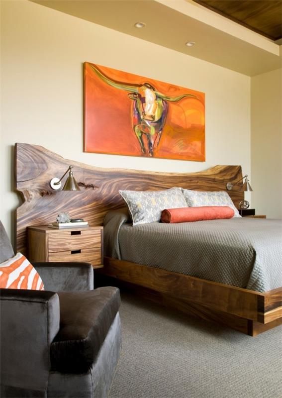 zagłówek łóżka z litego drewna pomarańczowe akcenty