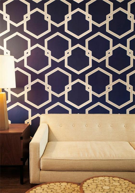 papier peint bleu royal motif graphique blanc
