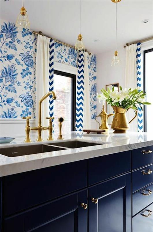 bleu papier peint motif floral motif chevron cuisine moderne