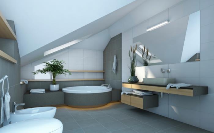 sol de salle de bain carrelage gris clair plantes toit en pente