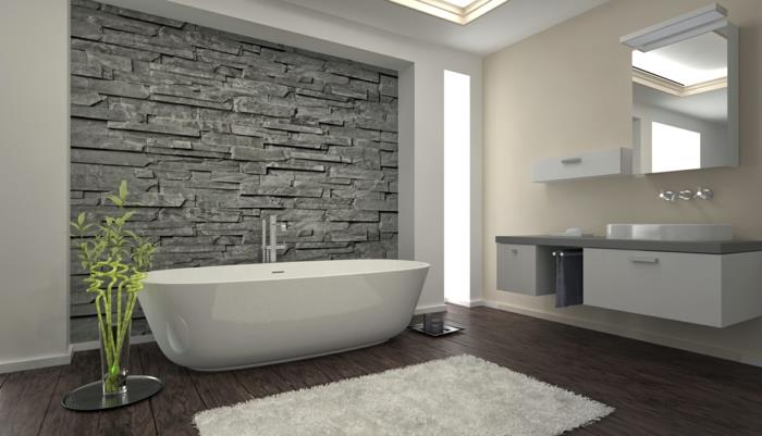 sol salle de bain idee salle de bain tapis blanc mur en pierre végétale