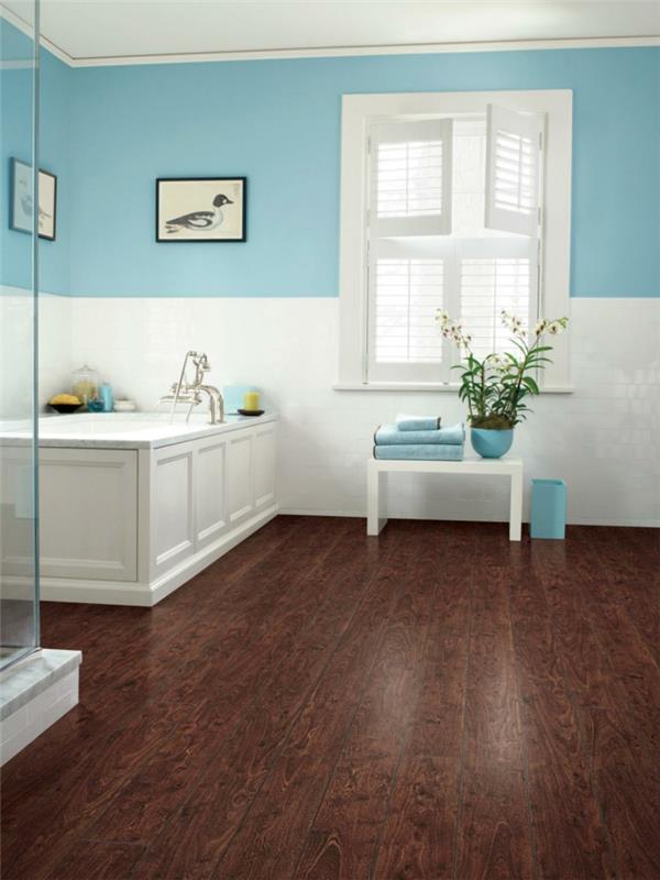 revêtement de sol salle de bain stratifié blanc bleu clair mur design baignoire