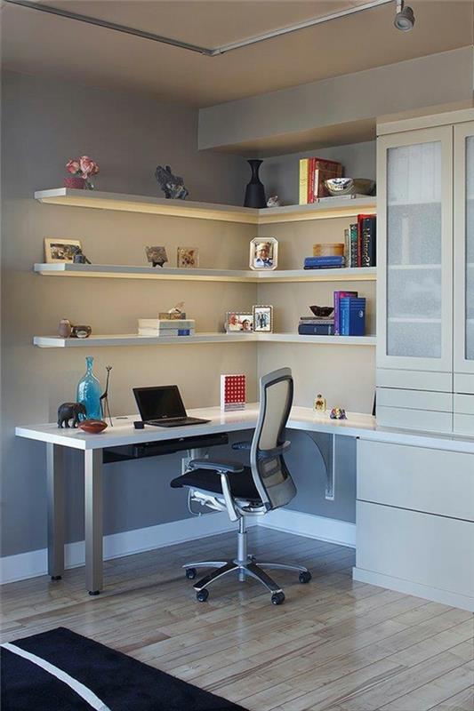 meble biurowe biuro domowe mały stół narożny półki ścienne ciemny dywan
