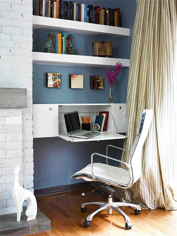 meble biurowe mały pokój narożnik składany stół ceglana ściana