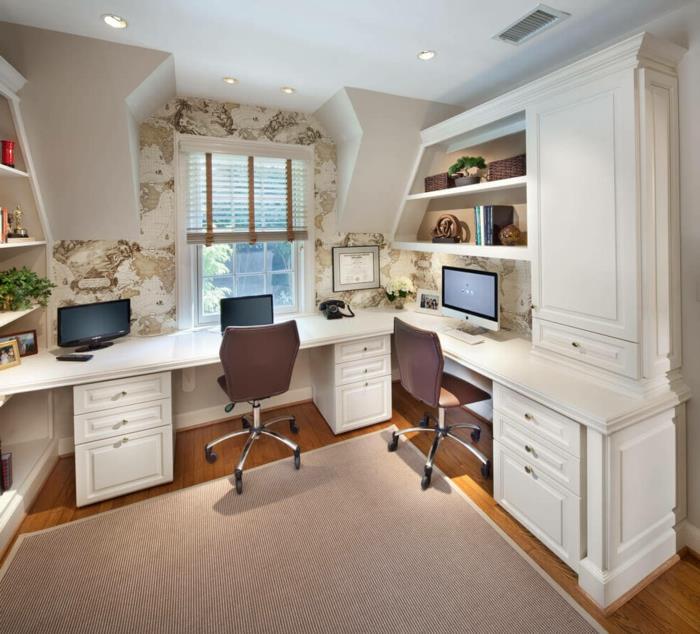 meble biurowe mały pokój dwa miejsca dywan tapety ścienne oświetlenie