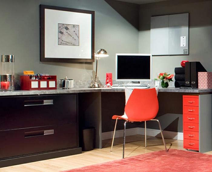 meble biurowe pomarańczowe krzesło narożnik biurko pomarańczowy dywan