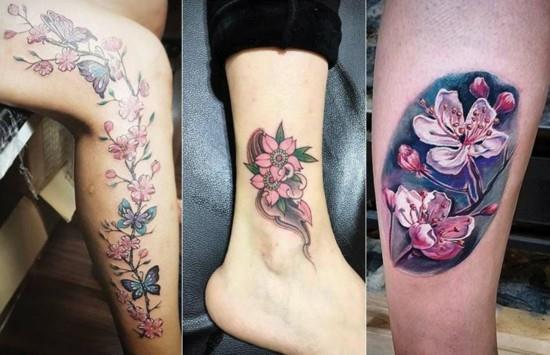 kolorowy tatuaż 3d z kwiatem wiśni