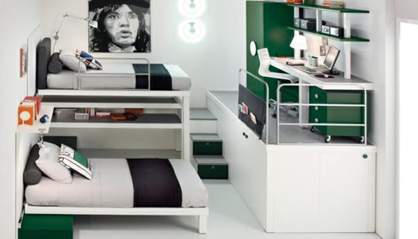 Grands lits mezzanines colorés herbe verte et blanche avec affiche