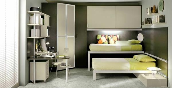 Grands lits mezzanine colorés nuances de vert clair mobilier subtil