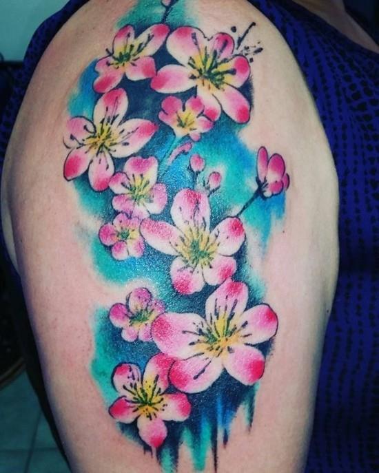 kolorowy akwarela kwiat wiśni tatuaż