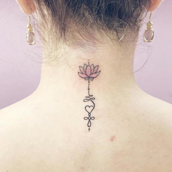 kolorowy lotos unalome tatuaż na szyi
