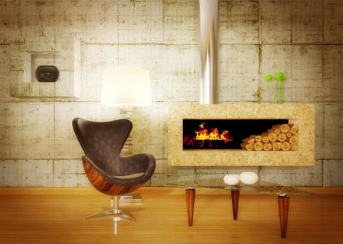idées de décoration cool pour cheminées fauteuils modernes confortables ergonomiques mur brut