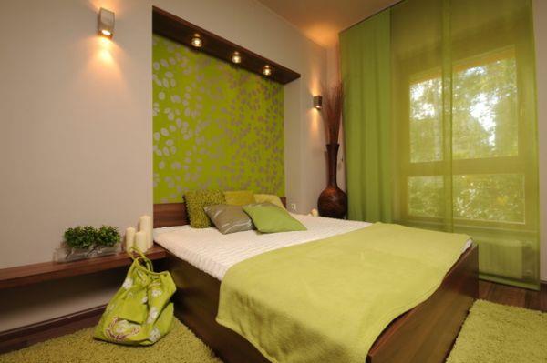 fajna paleta kolorów sypialni akcentuje zielony design