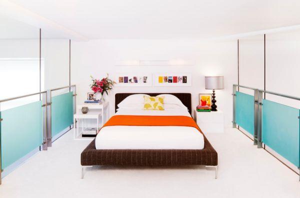 piękna paleta kolorów sypialni pomarańczowo-niebieskie akcenty