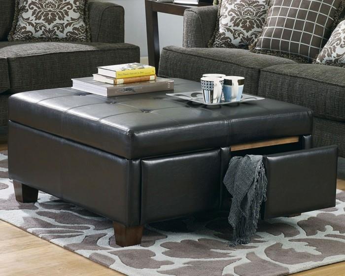 table basse avec tiroir en cuir noir canapé foncé