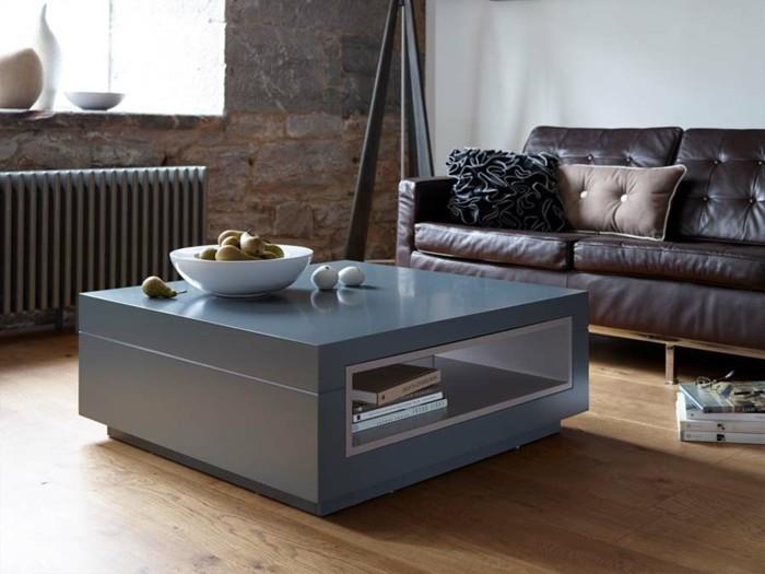 table basse avec tiroir canapé en cuir moderne parquet clair