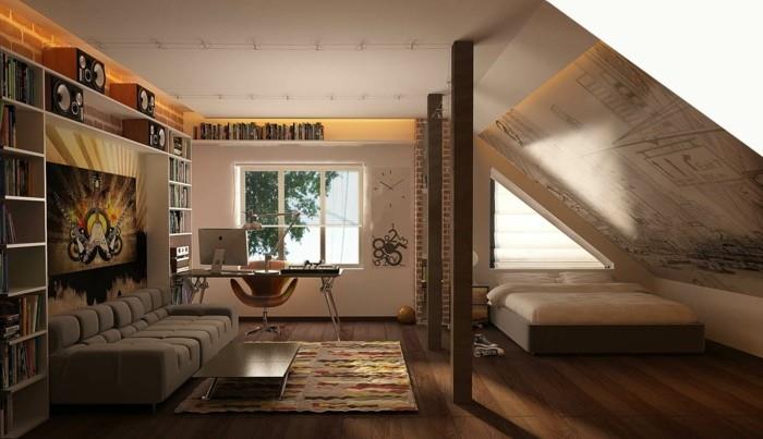 Ustaw spadzisty dach w nowoczesnym salonie z domowym biurem
