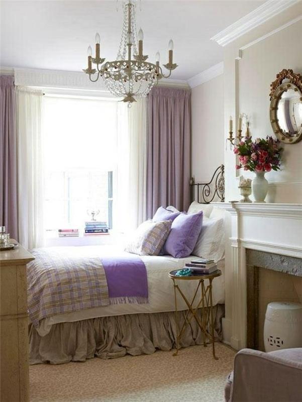 pomysły na dekoracje sypialnia fioletowe akcenty dywany nieprzezroczyste zasłony