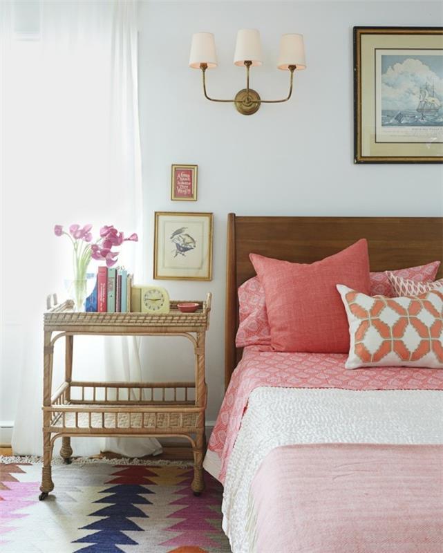 deco pomysły sypialnia pomarańczowe akcenty kolorowy dywan elegancki