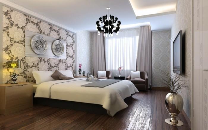 pomysły dekoracyjne sypialnia tapeta ścienna drewniana podłoga pomysły dekoracyjne podłoga wazon dekoracja ścienna