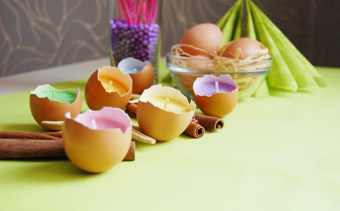 zrób sobie dekorację pomysły na dekoracje wielkanocne kolorowe świece w skorupce jajka