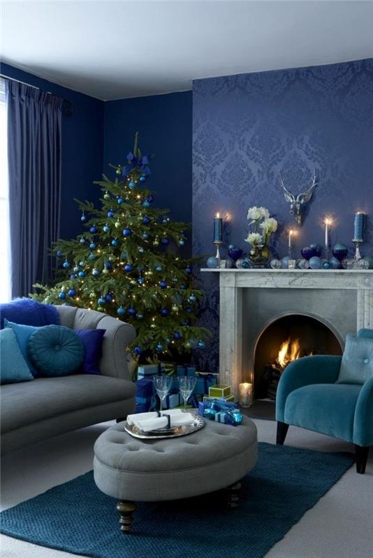 décoration pour noël salon papier peint bleu arbre de noël