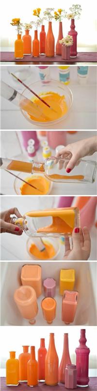 deco pomysły diy stare przedmioty szklane butelki szklane pojemniki pomarańczowy różowy żółty wazony zrób sam