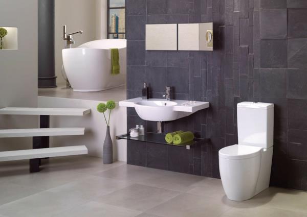 salle de bain design carrelage mural gris granit accents verts