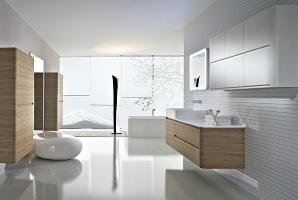 salle de bain design bois clair sol blanc