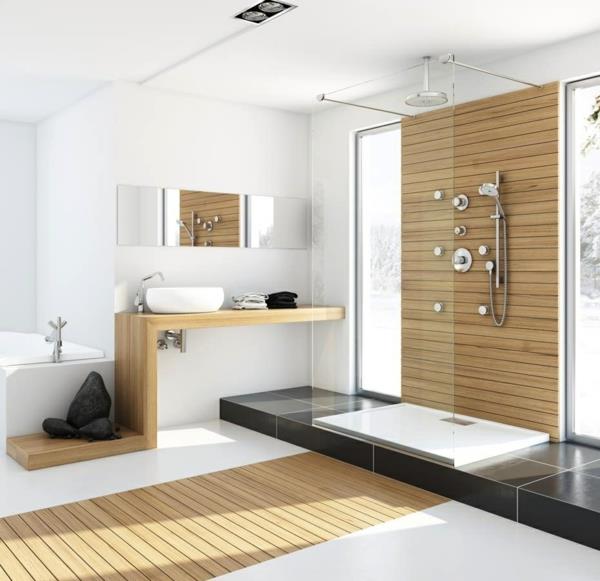 salle de bain design douche moderne douche pluie pierres planches de bois