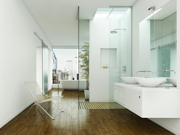 salle de bain design ouverte parquet baignoire bambou