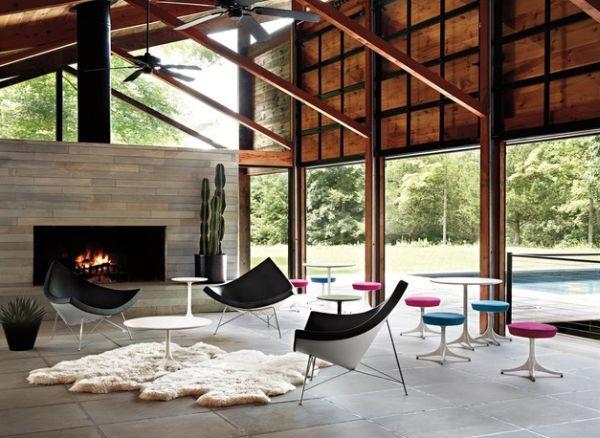 chaise de noix de coco design poutres de plafond ouvertes en peau de mouton douce