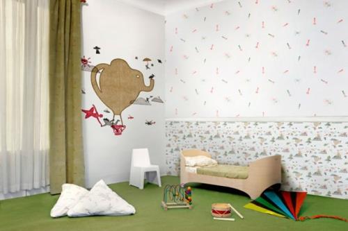 designerska tapeta w pokoju dziecięcym zielona ilustracja zabawki